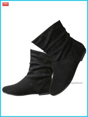 Synthetic Flat Ankle Slouch Boots Round Toe Pull-On Casual Fall